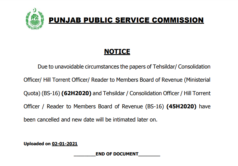 Cancel for the Posts of Tehsildar