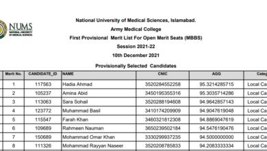 NUMS MBBS/BDS Final Merit List 2022 for Public and Private Colleges