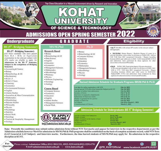 Kohat University of Science And Technology KUST Admission 2022 Apply Online