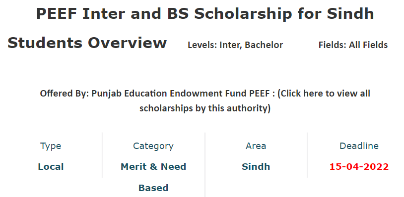 PEEF Inter and BS Level Scholarship 2022 for Sindh Students