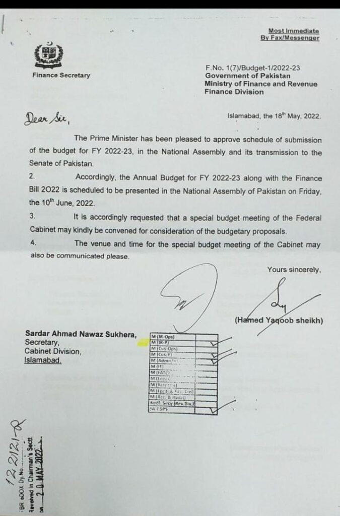 Pakistan Government Shedules Federal Budget 2022-23 on 10th June 2022